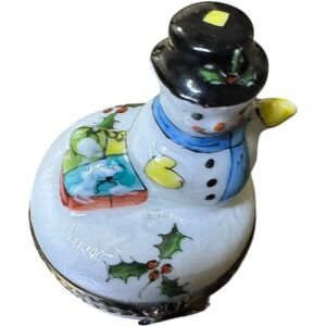Limoges France Peint Main Snowman Trinket Box Christmas Holly Gifts Gold Clasp